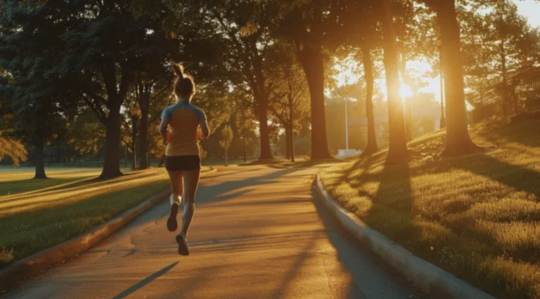Woman running along a tree-lined park path at sunrise